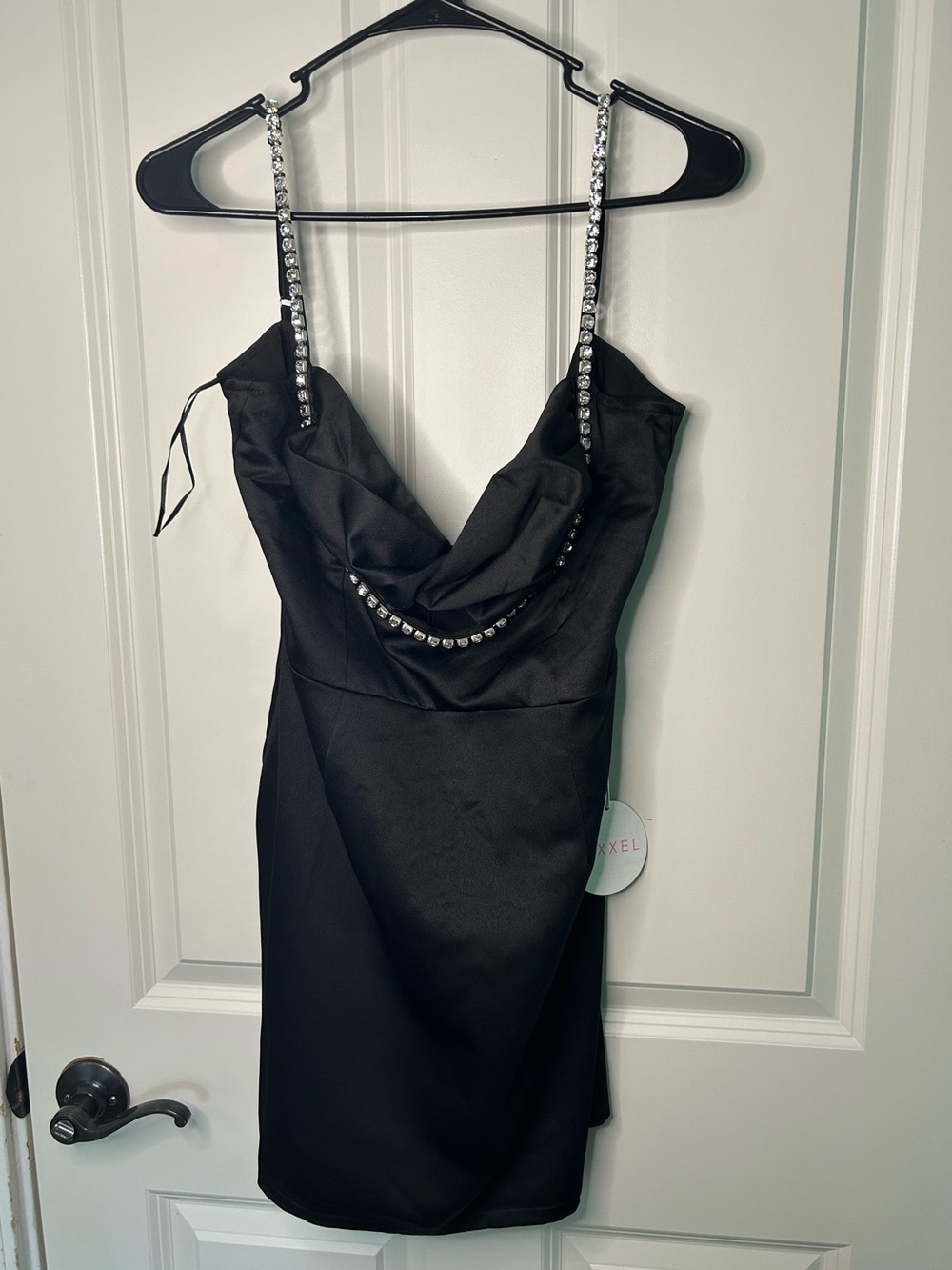 Luxxel Black Mini Dress with Rhinestone Straps